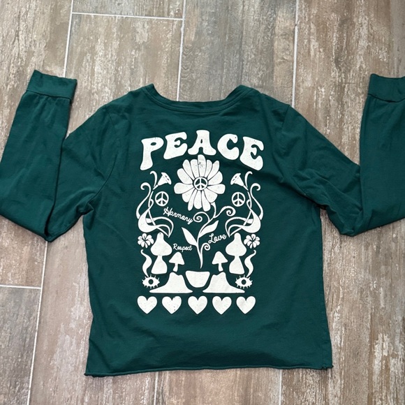 Rebellions One Green Long Sleeve Tee with Peace Graphic - Picture 1 of 5